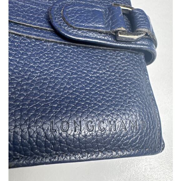 Vintage Longchamp Navy Blue Pebbled Leather Buckle trifold Wallet France - Picture 3 of 14